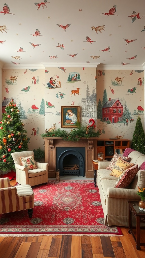 Living room featuring vintage Christmas wallpaper with classic holiday illustrations
