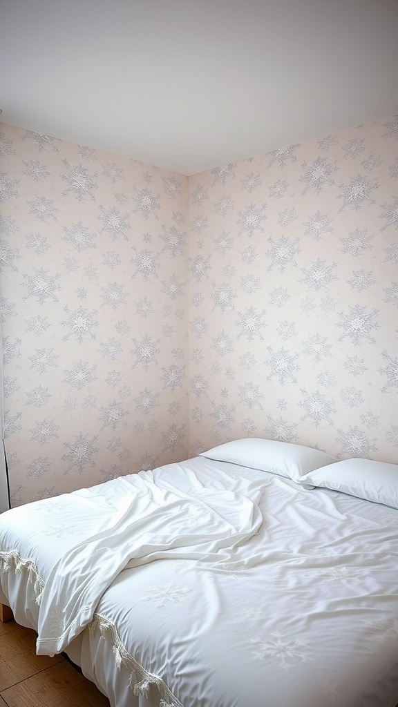 Bedroom with pastel snowflake wallpaper creating a winter wonderland