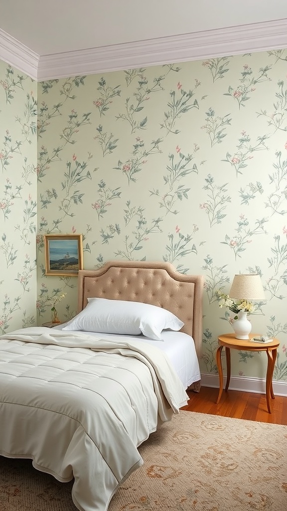A bedroom featuring sage green wallpaper with floral motifs, a tufted bed, and warm wooden furniture.