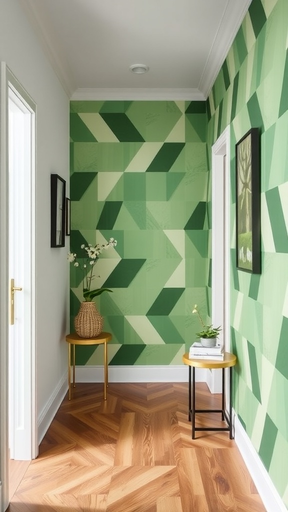 A modern hallway featuring geometric green wallpaper with various shades of green.