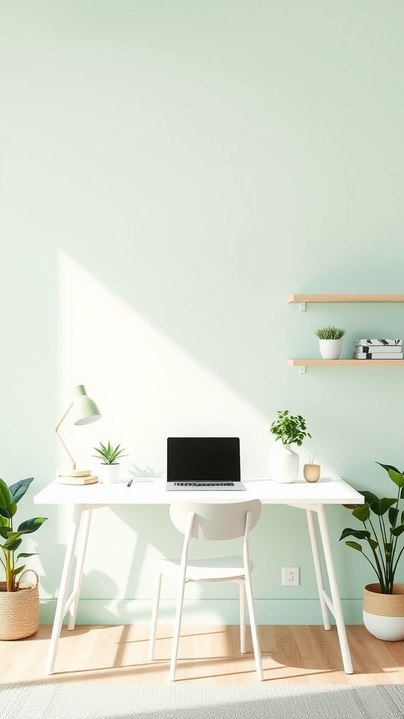 A bright and airy home office with mint green wallpaper, a white desk, and plants.