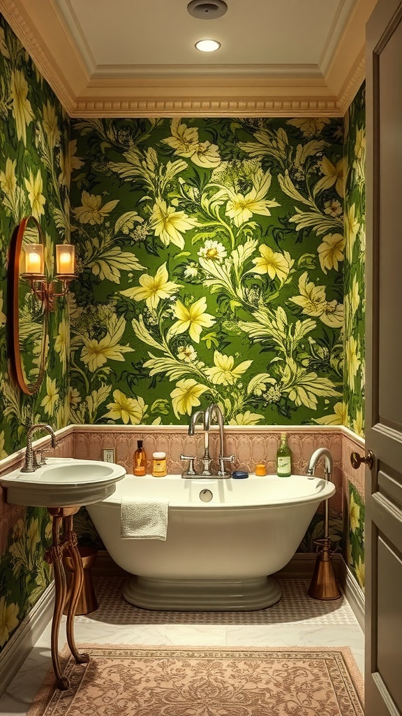 A beautifully decorated bathroom with green floral wallpaper and a vintage bathtub.