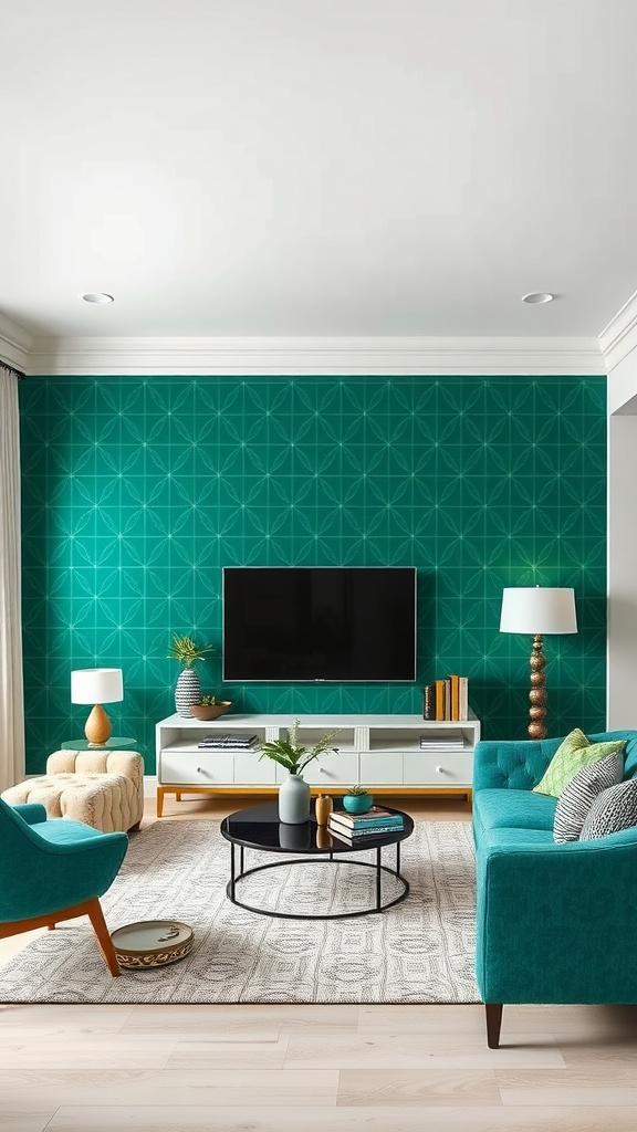 A living room featuring emerald green wallpaper with geometric patterns, complemented by teal furniture and decorative accents.