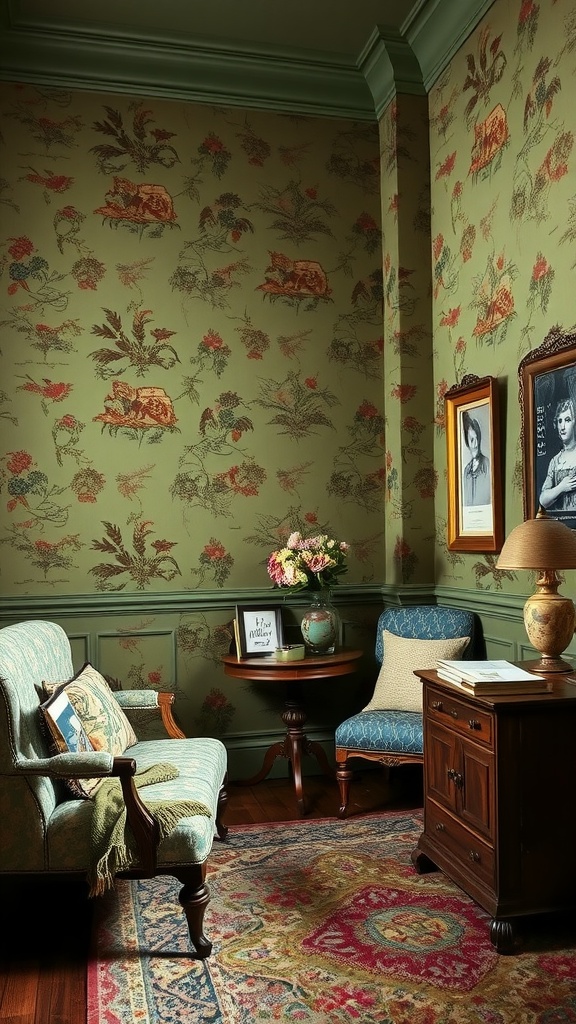 A cozy room with olive green vintage wallpaper featuring floral motifs.