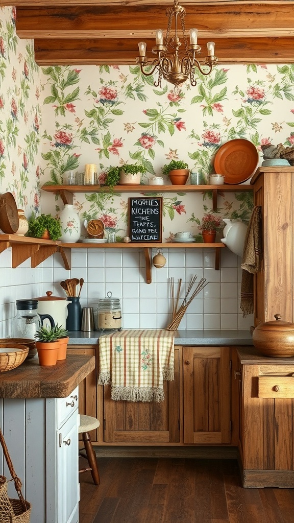 Rustic kitchen with floral wallpaper in green and pink tones, wooden shelves, and warm lighting.