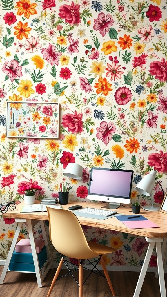 Home office featuring eclectic floral collage wallpaper with colorful flowers.