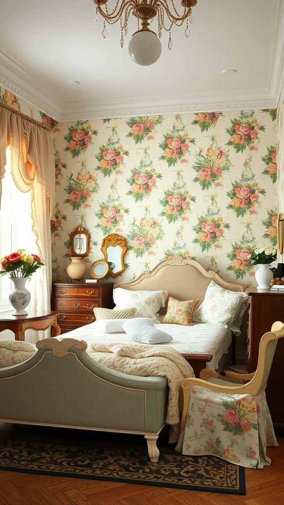 Bedroom adorned with vintage floral wallpaper featuring classic rose patterns.