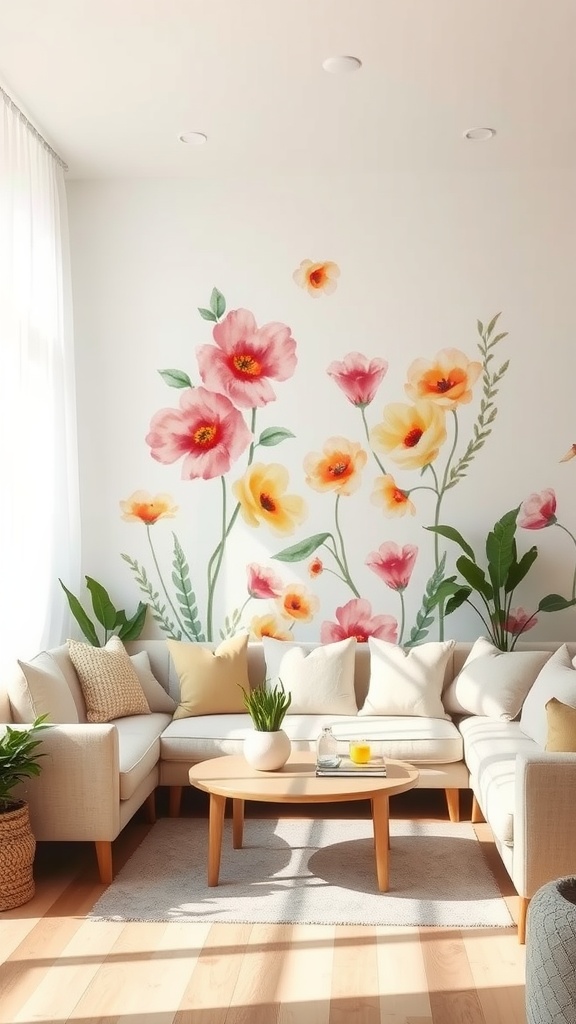 Living room with watercolor floral wallpaper in vibrant pink and yellow tones.