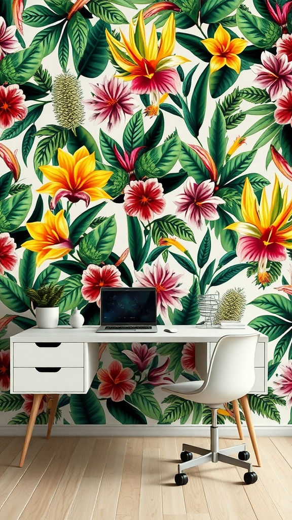 Floral wallpaper with bold tropical flowers and lush greenery.