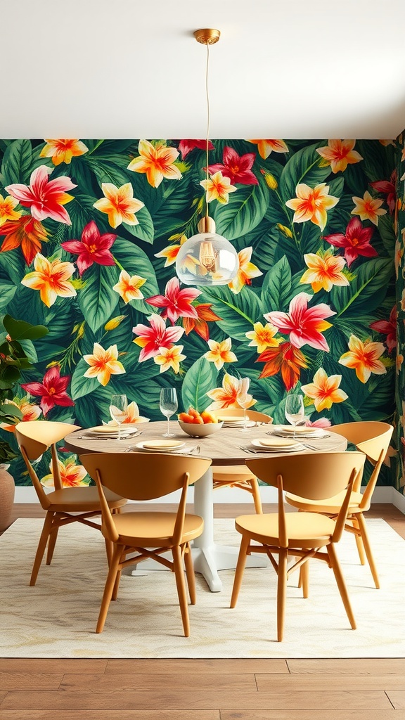 Dining area with tropical floral wallpaper featuring bright flowers and green leaves.