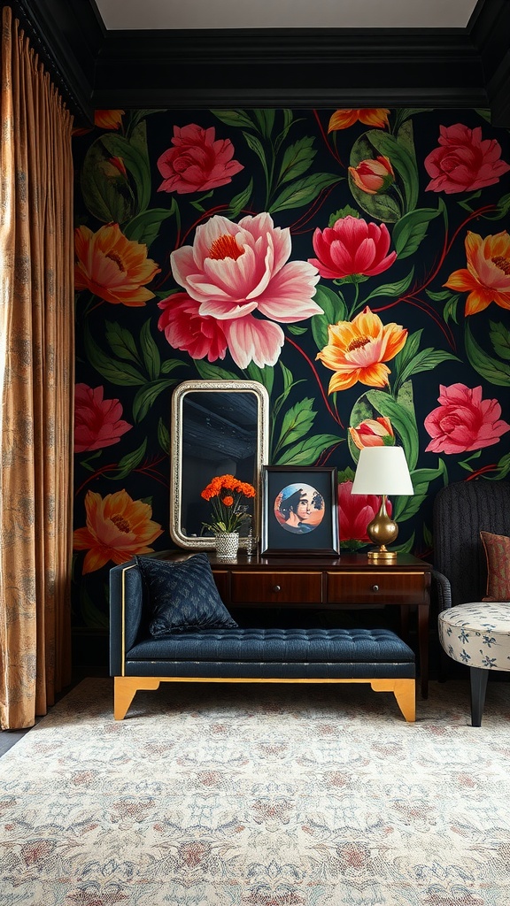 Room with Art Deco floral wallpaper featuring bold colors and intricate patterns.
