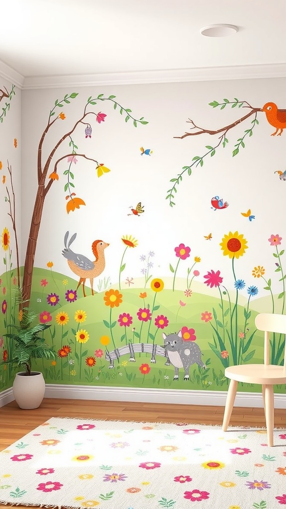 Whimsical meadow wallpaper with colorful flowers, birds, and playful animals.