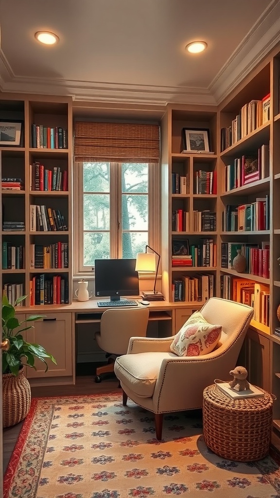Comfortable reading nook with plush chair, bookshelves, and greenery.