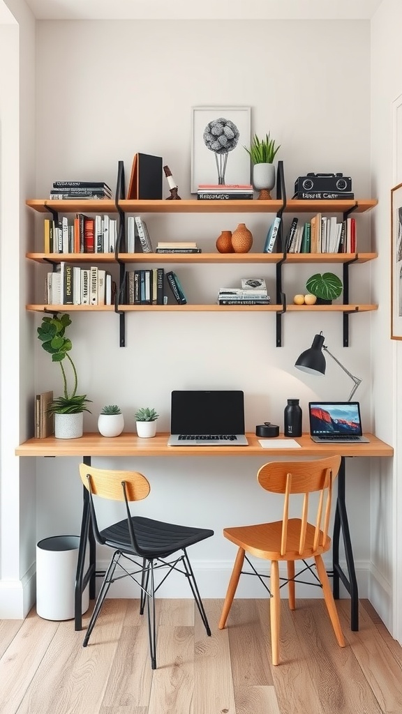 Efficient home office with wall-mounted shelving and a corner desk.