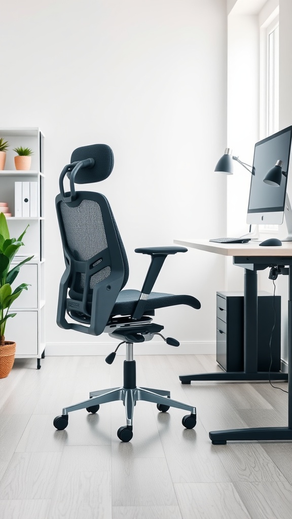 Ergonomic office chair positioned at a desk with a computer in a bright home office.