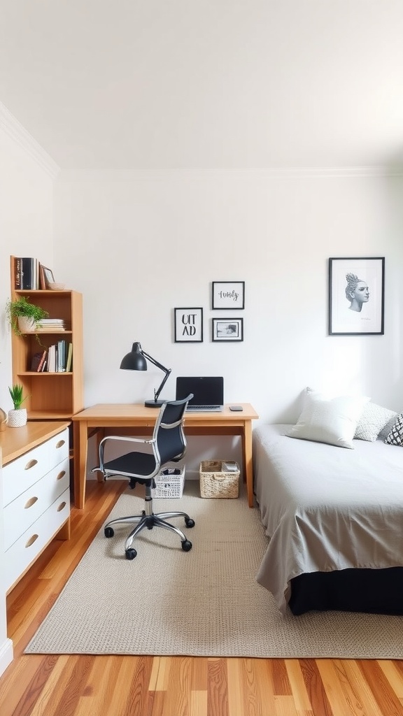 Stylish home office combining a desk and a cozy lounging area.
