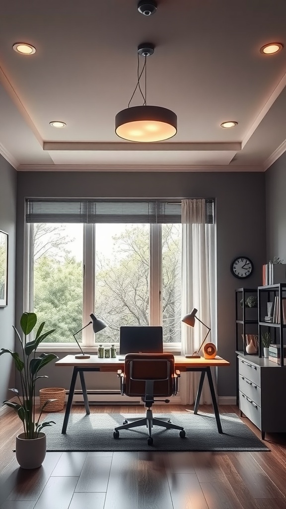 Modern home office illuminated with stylish lighting fixtures and cozy ambiance.