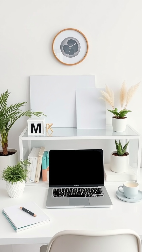 Minimalist desk setup with laptop, plants, and minimal decor.