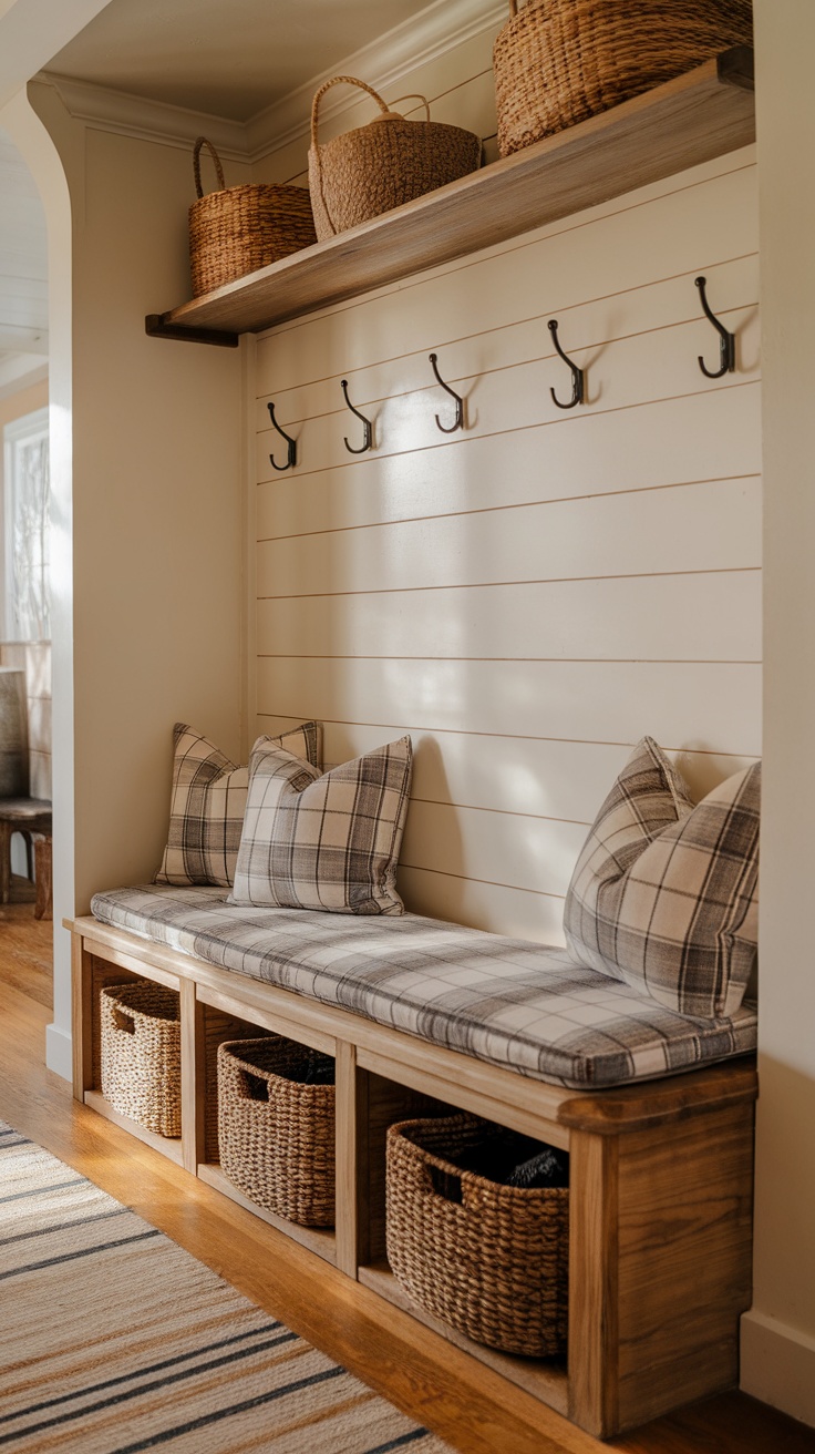 A rustic farmhouse entryway with a wooden bench, plaid cushions, hooks on the wall, and woven baskets above.