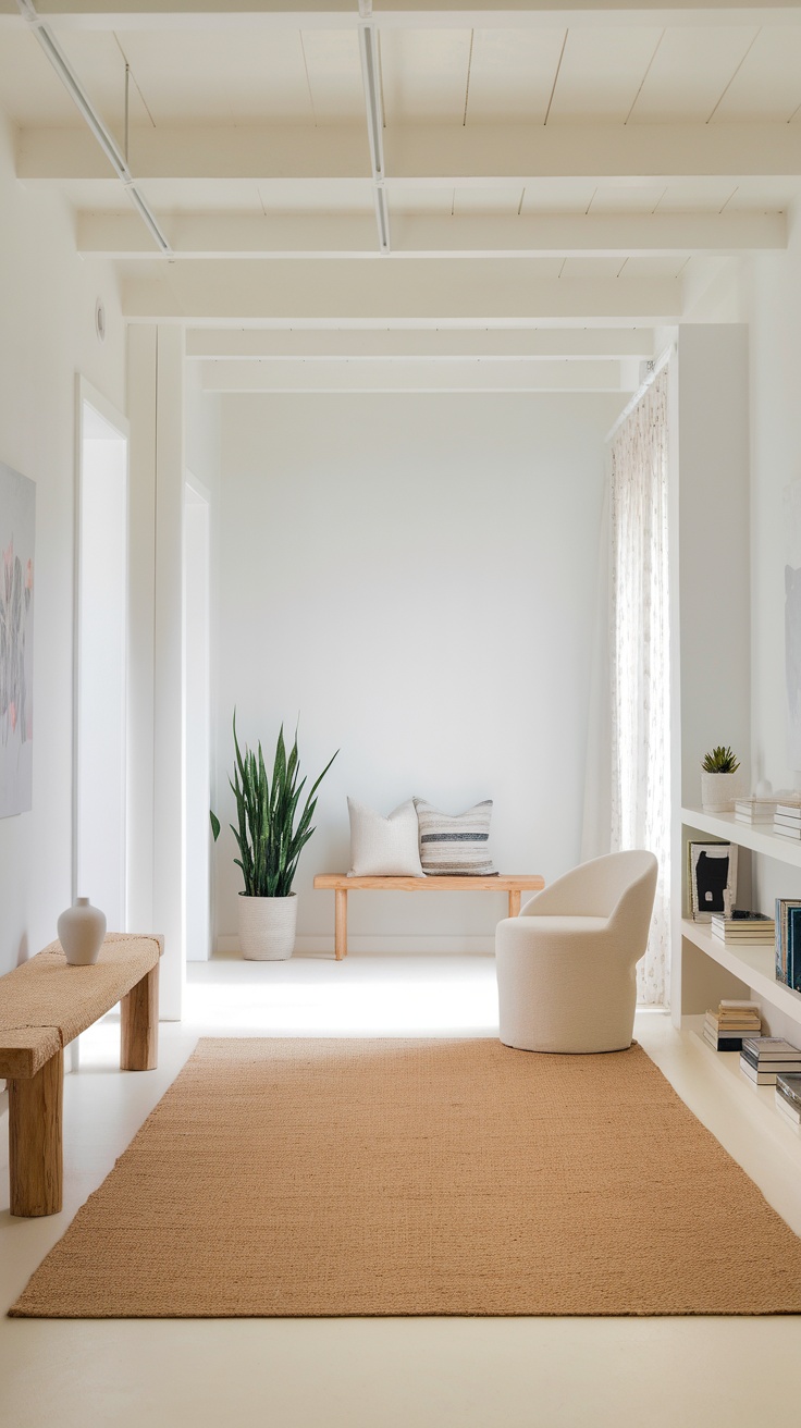 A Scandinavian entryway featuring light colors, a wooden bench, cushions, a plant, and a woven rug.