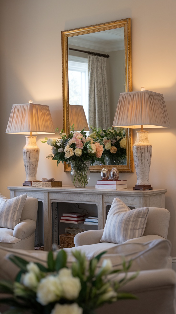 A charming entryway with a console table, fresh flowers, and warm lighting
