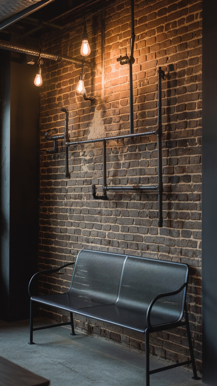 Industrial entryway with exposed brick wall, metal pipes, and a simple bench