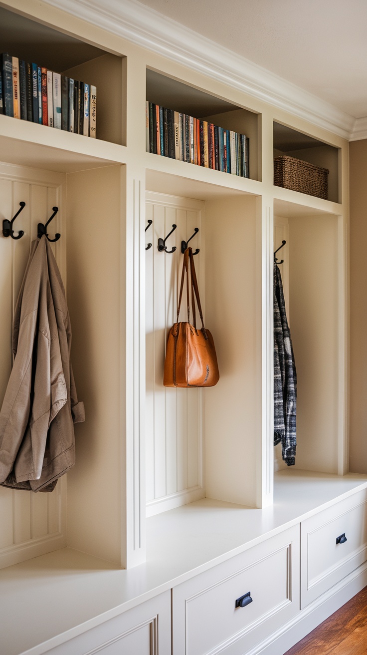 An entryway with built-in storage featuring shelves, hooks for coats, and a clean design.