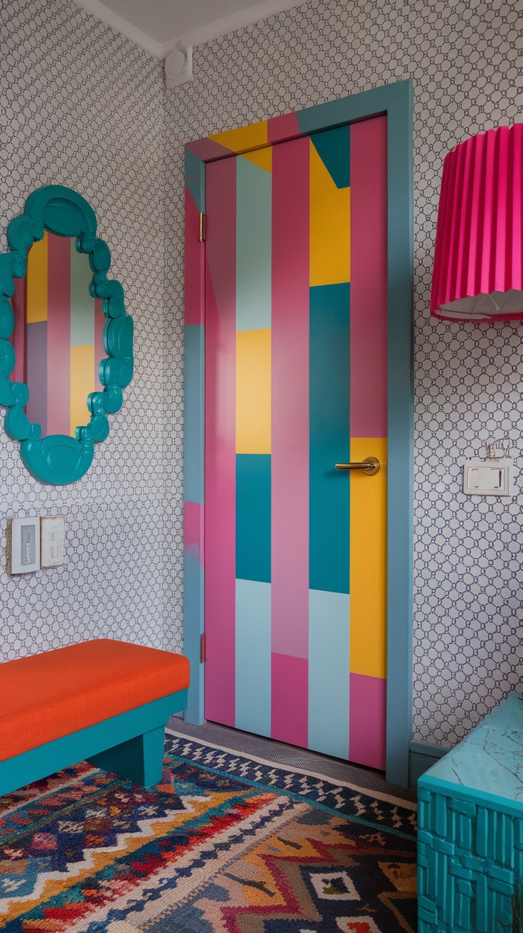 A colorful entryway with a patterned door, bright wallpaper, and vibrant furniture.