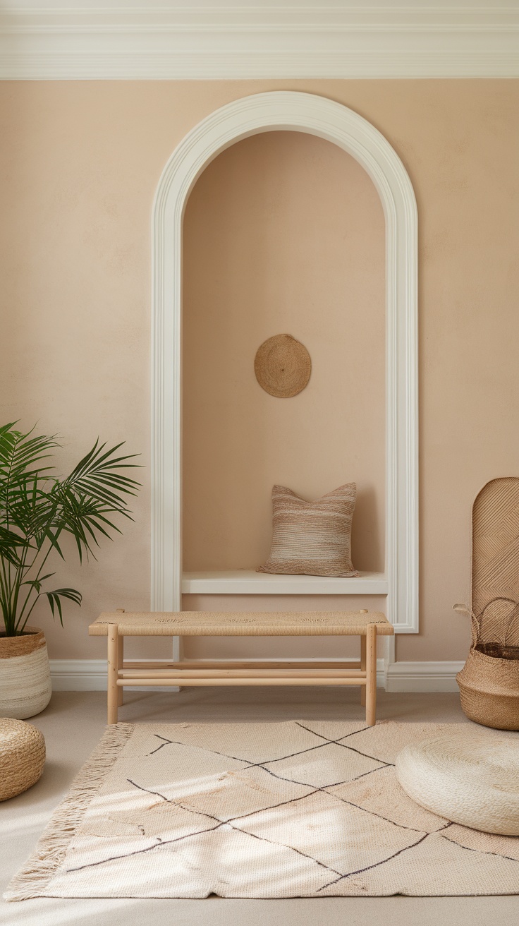A neutral entryway with peach walls, a white trim archway, a wooden bench with a pillow, a plant, and a woven rug.