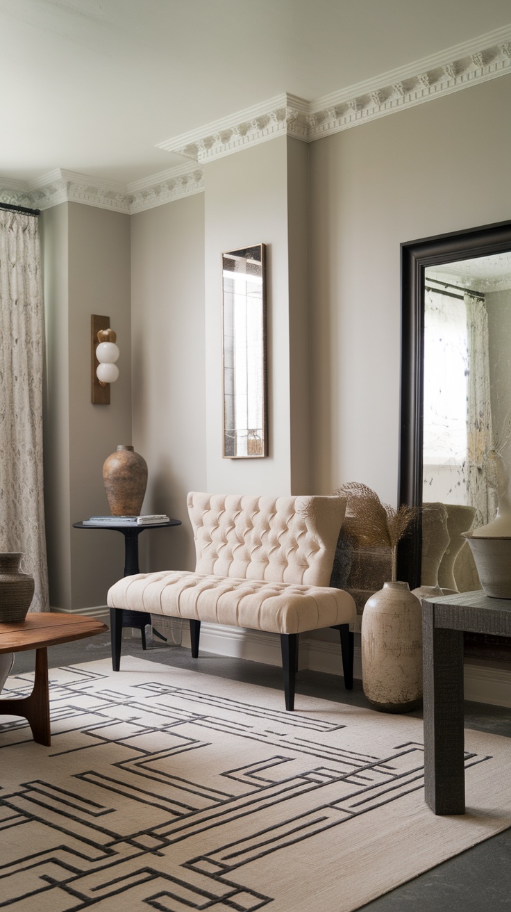 A transitional entryway featuring a tufted bench, elegant vases, and a stylish rug.