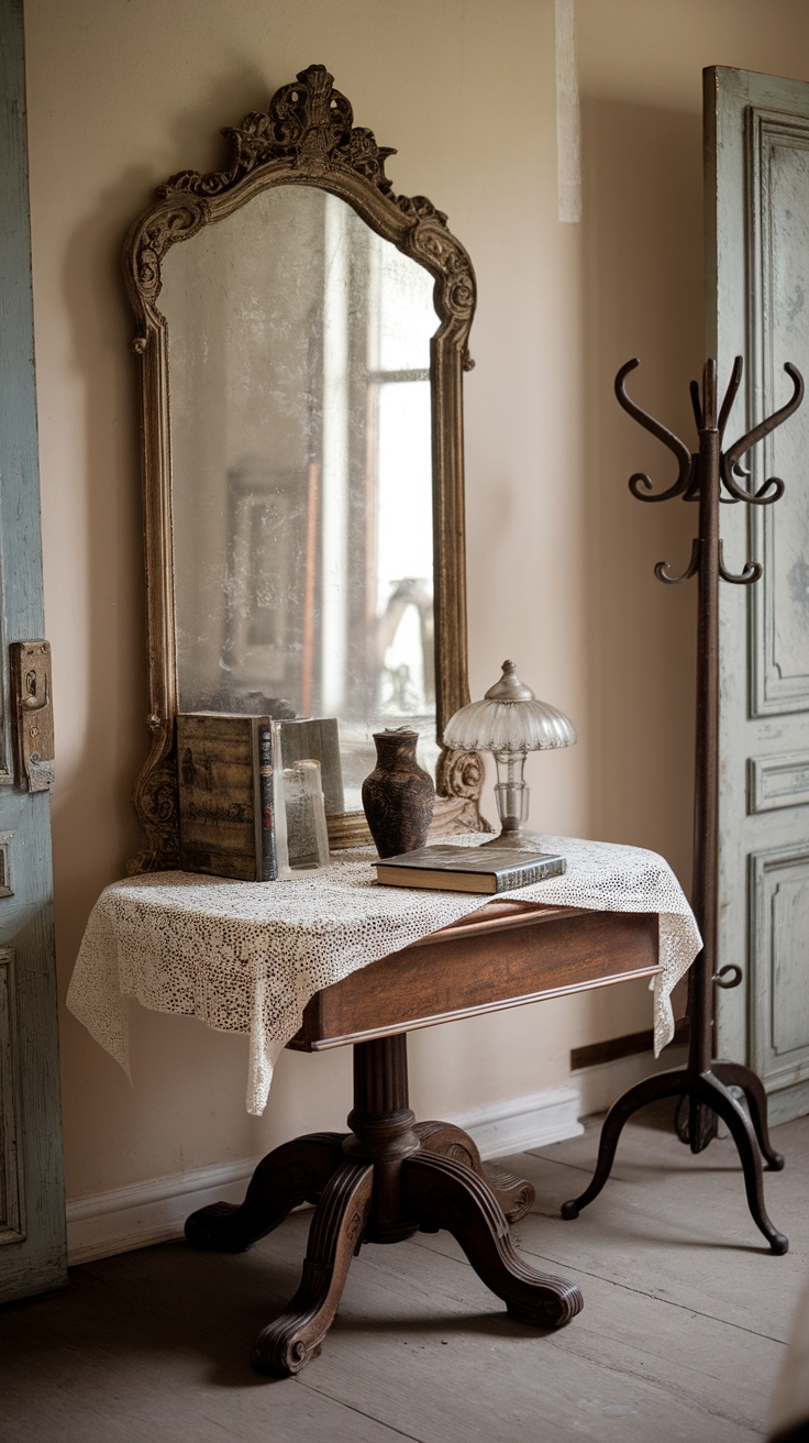 A vintage-inspired entryway featuring an ornate mirror, wooden table, lace tablecloth, books, a lamp, and a coat rack.