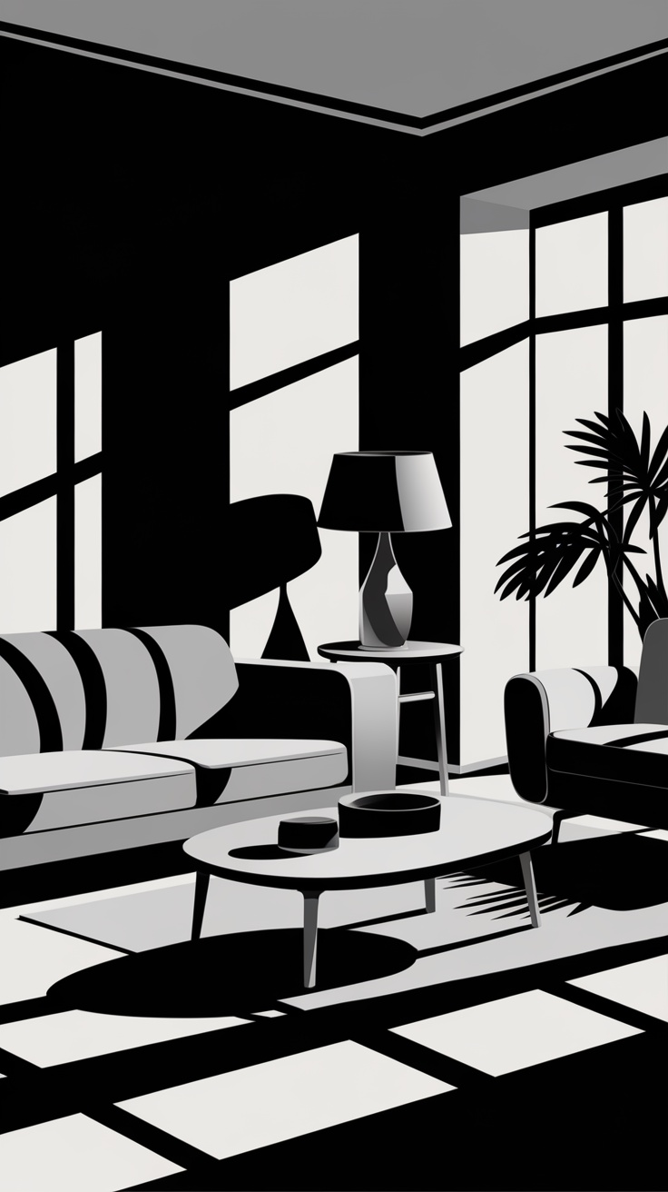 Monochrome entryway featuring black and white furniture with large windows casting shadows.