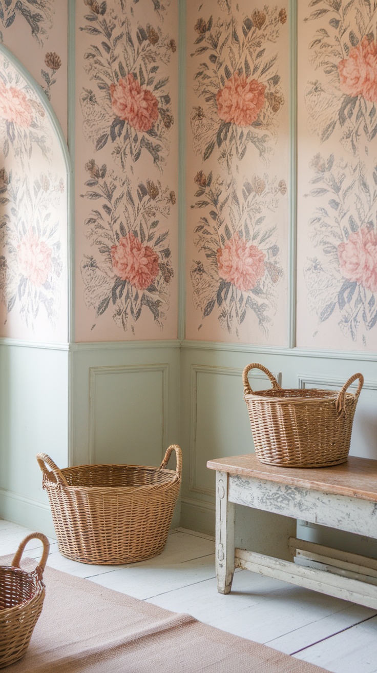 A charming cottage-style entryway with floral wallpaper, rattan baskets, and a wooden table.