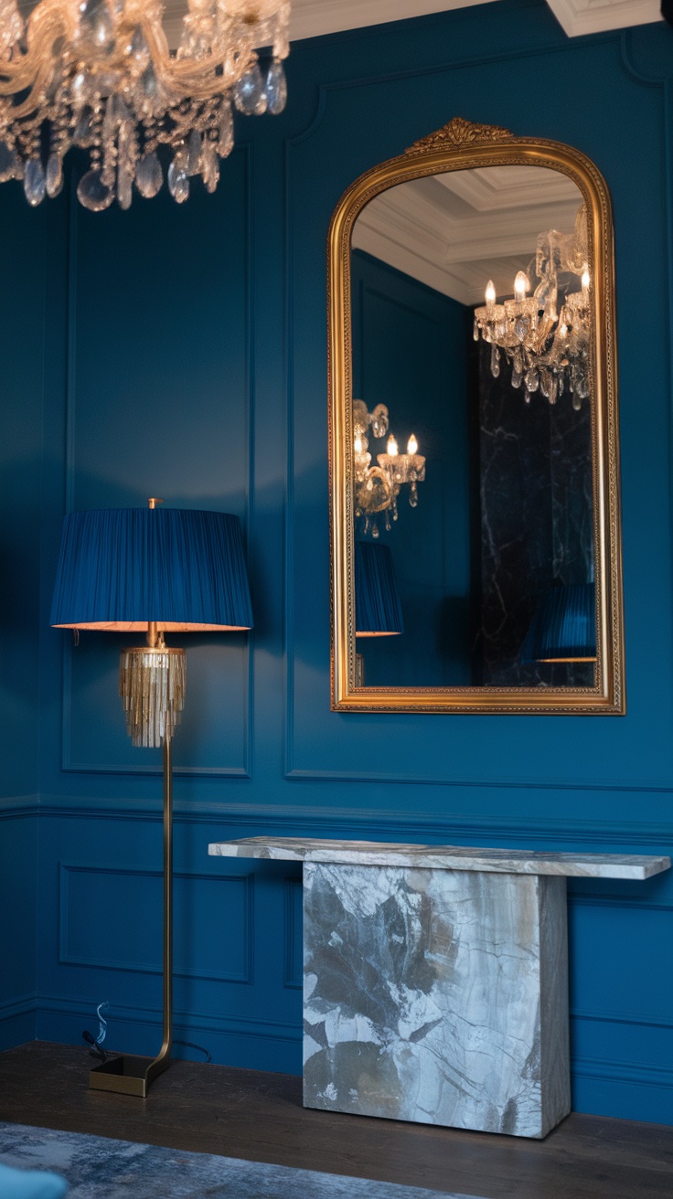 Elegant entryway with blue walls, chandelier, mirror, and stylish lamp.