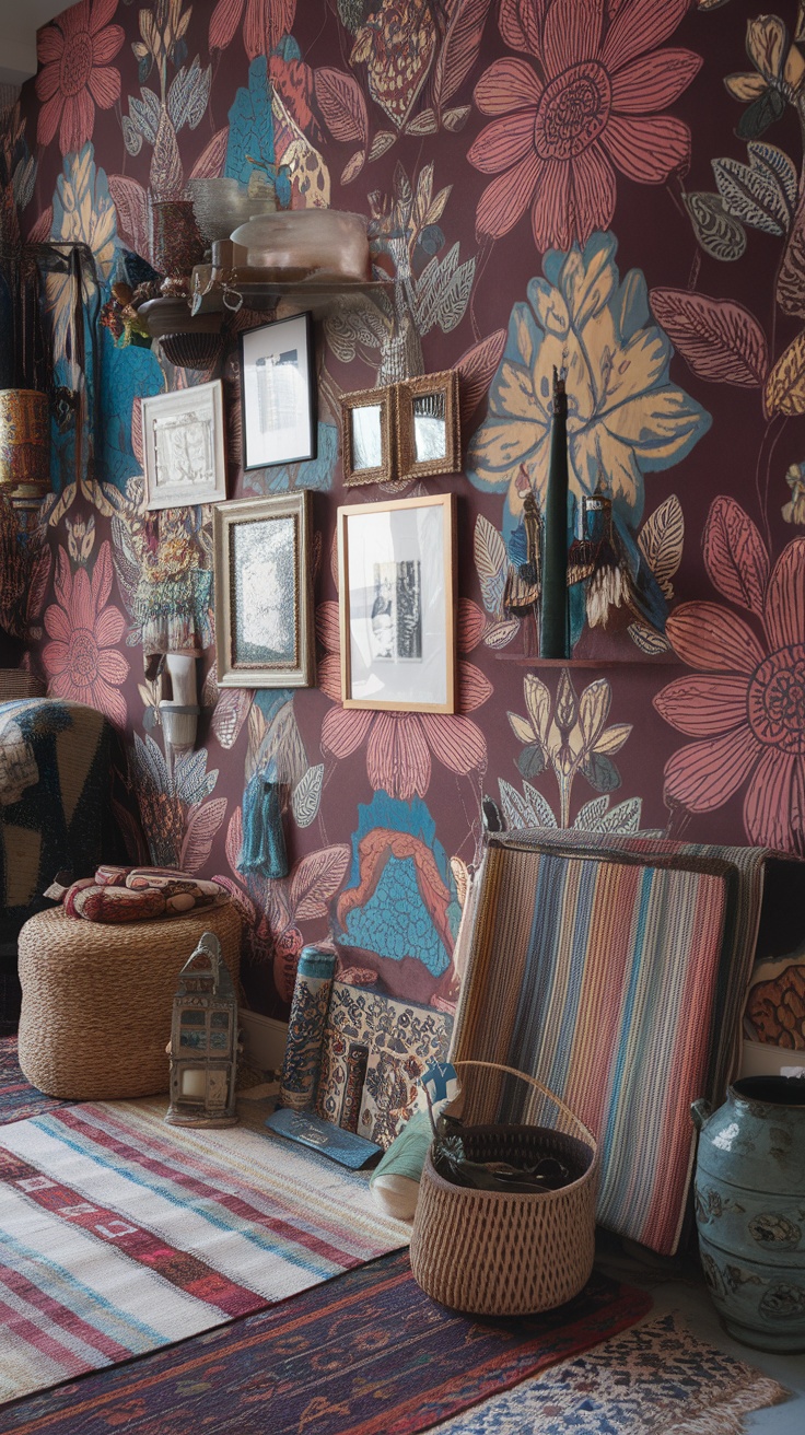 A vibrant maximalist entryway featuring floral wallpaper, a mix of framed art, layered rugs, and eclectic decor.