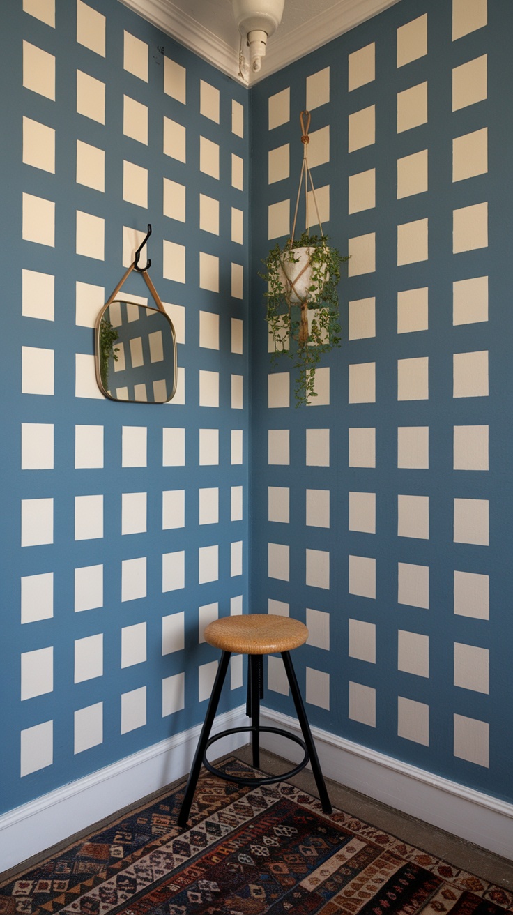 A minimal entryway nook featuring a blue and white striped wall, a small stool, a mirror, and hanging greenery.
