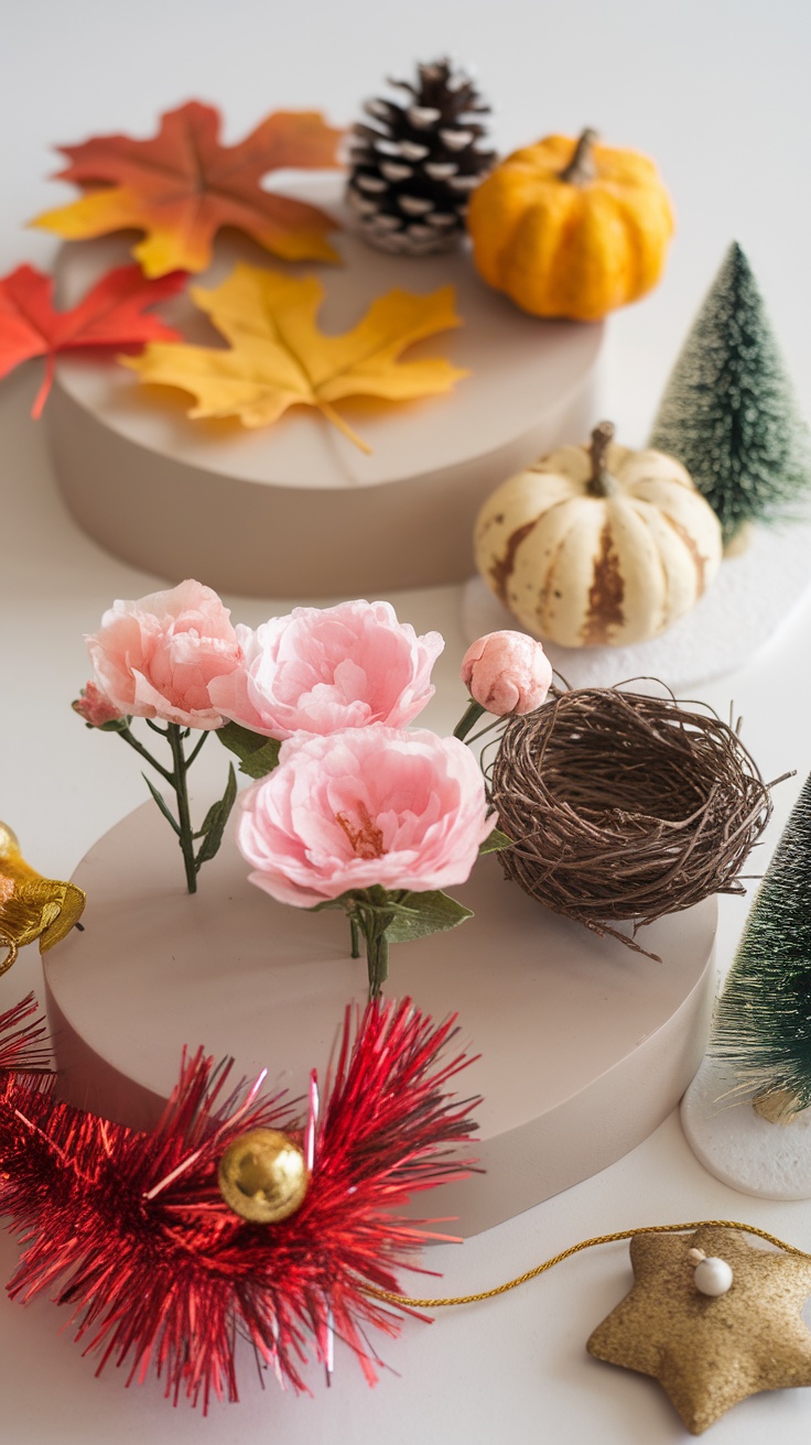 Seasonal entryway styling with pumpkins, leaves, and decorative elements.