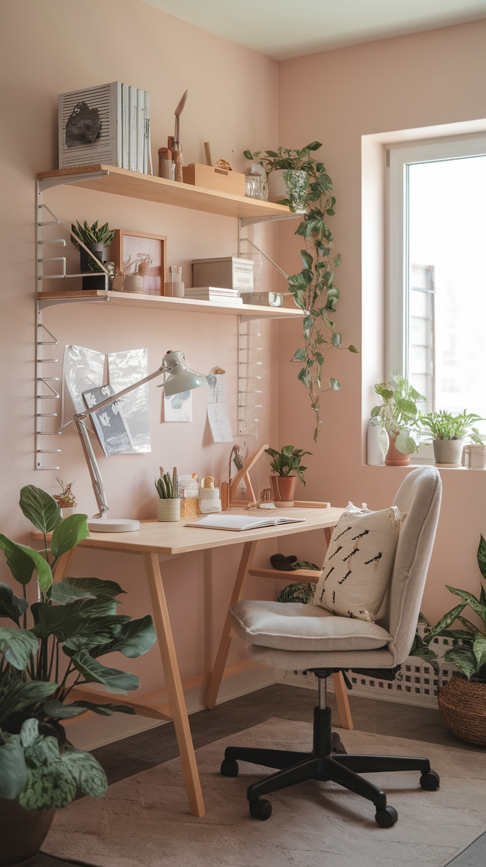 A cozy home office nook featuring a wooden desk, comfortable chair, and wall shelves with plants and decor.