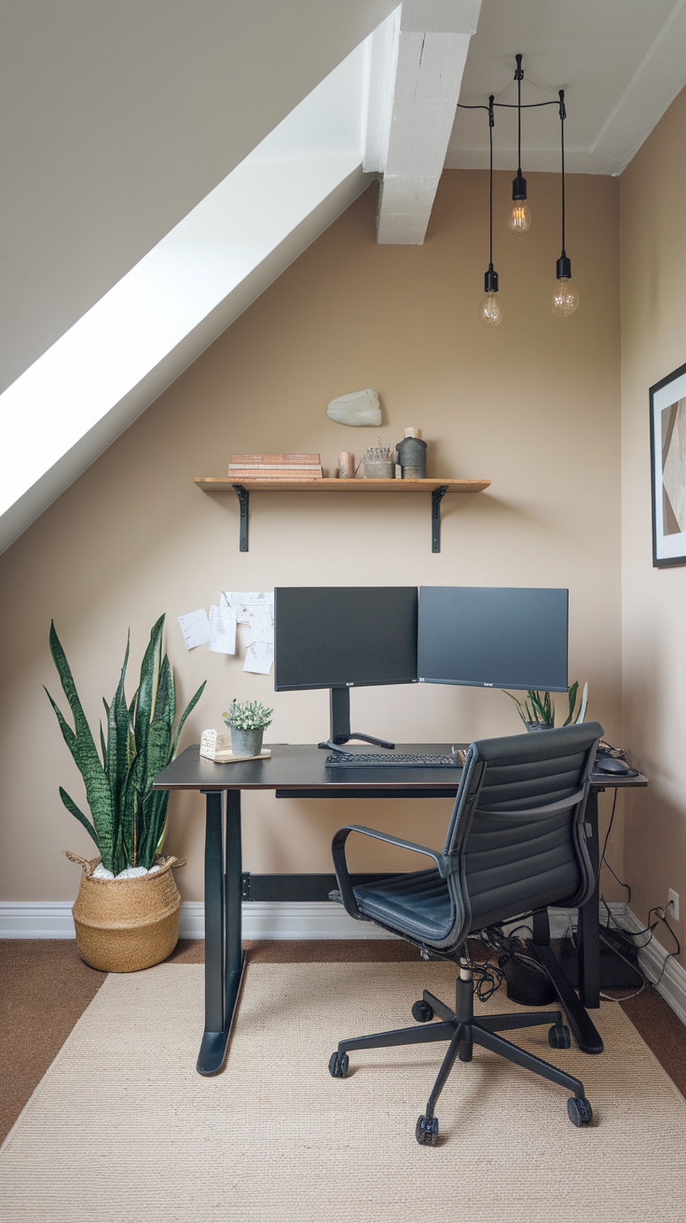 A modern loft office featuring a black desk with dual monitors, a tall plant, and decorative shelf.