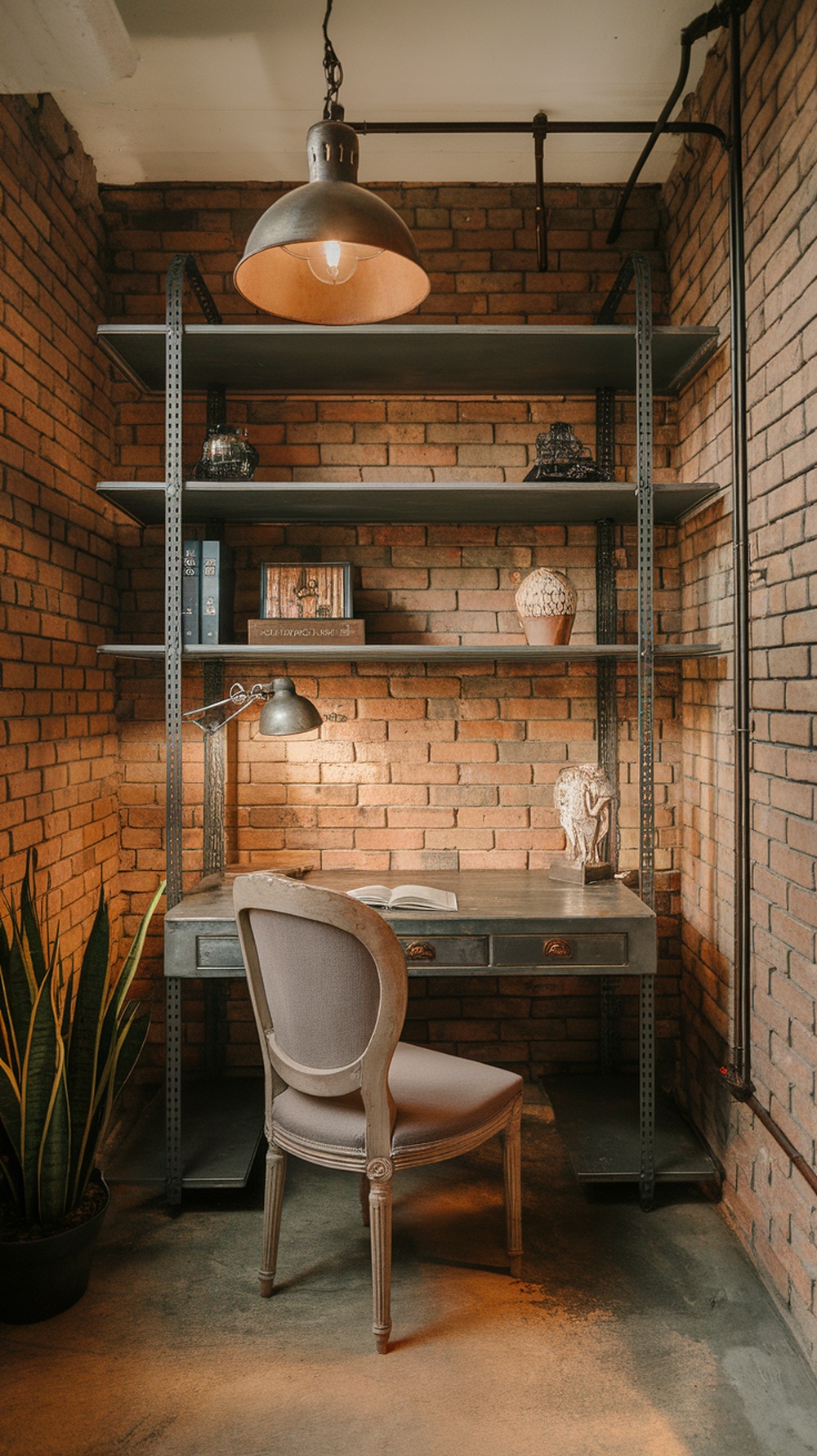A cozy industrial office corner featuring a metal desk, shelves, and a warm brick wall.