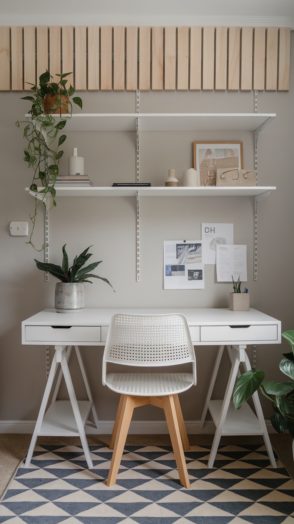 A Scandinavian inspired desk with a white surface, wooden legs, plants, and open shelves.