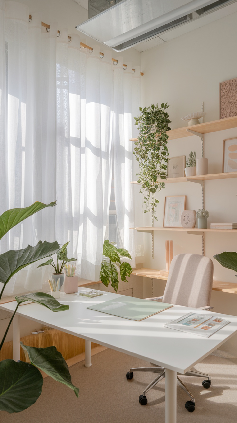 A bright and airy workspace featuring a white desk, plants, and natural light.