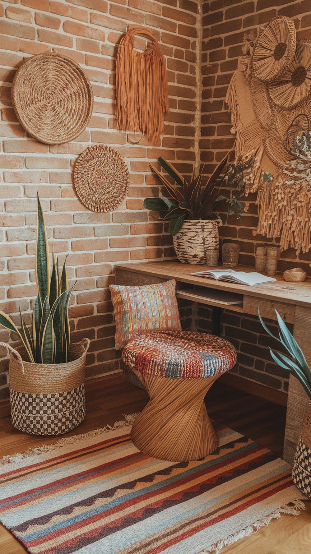A small bohemian office setup featuring a woven chair, plants, and a desk against a brick wall.