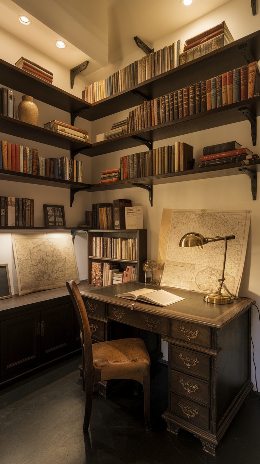 Dark Academia study space featuring a wooden desk, bookshelves filled with vintage books, an open book on the desk, and a brass lamp.