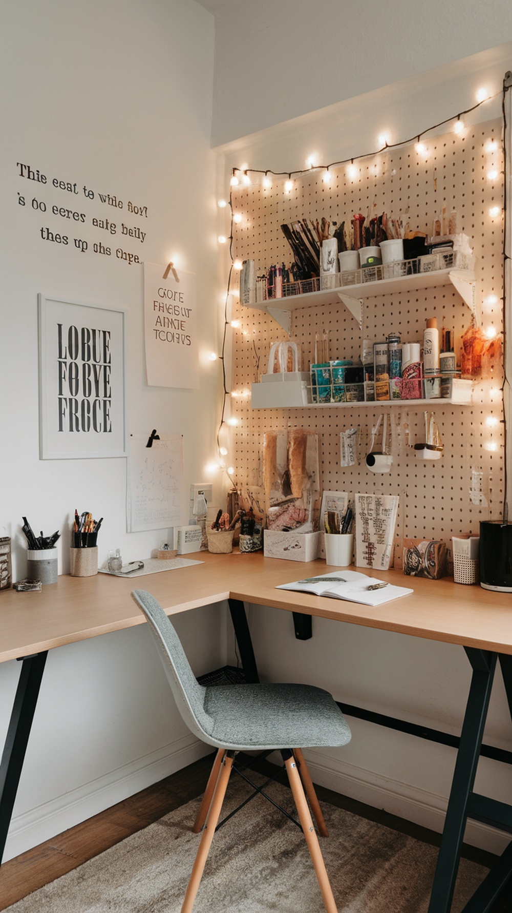 A cozy corner desk setup with fairy lights, art supplies, and inspirational wall decor.