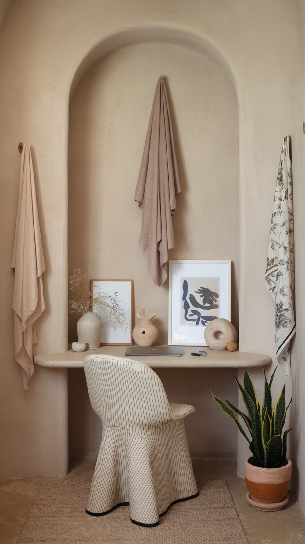 A cozy office alcove featuring a curved desk, neutral colors, abstract art, and a houseplant.