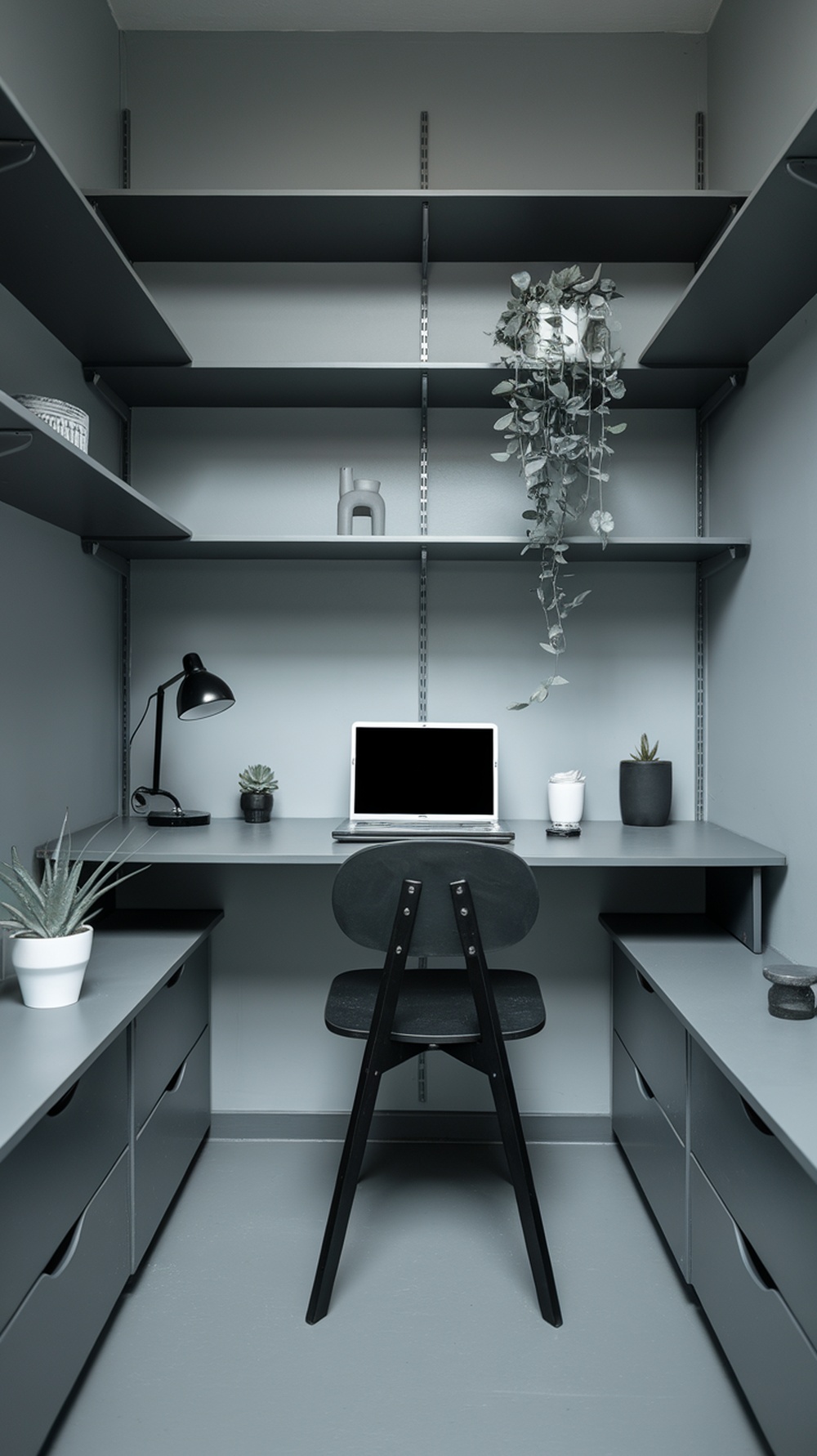 A minimalistic gray office with a desk, laptop, black chair, and plants