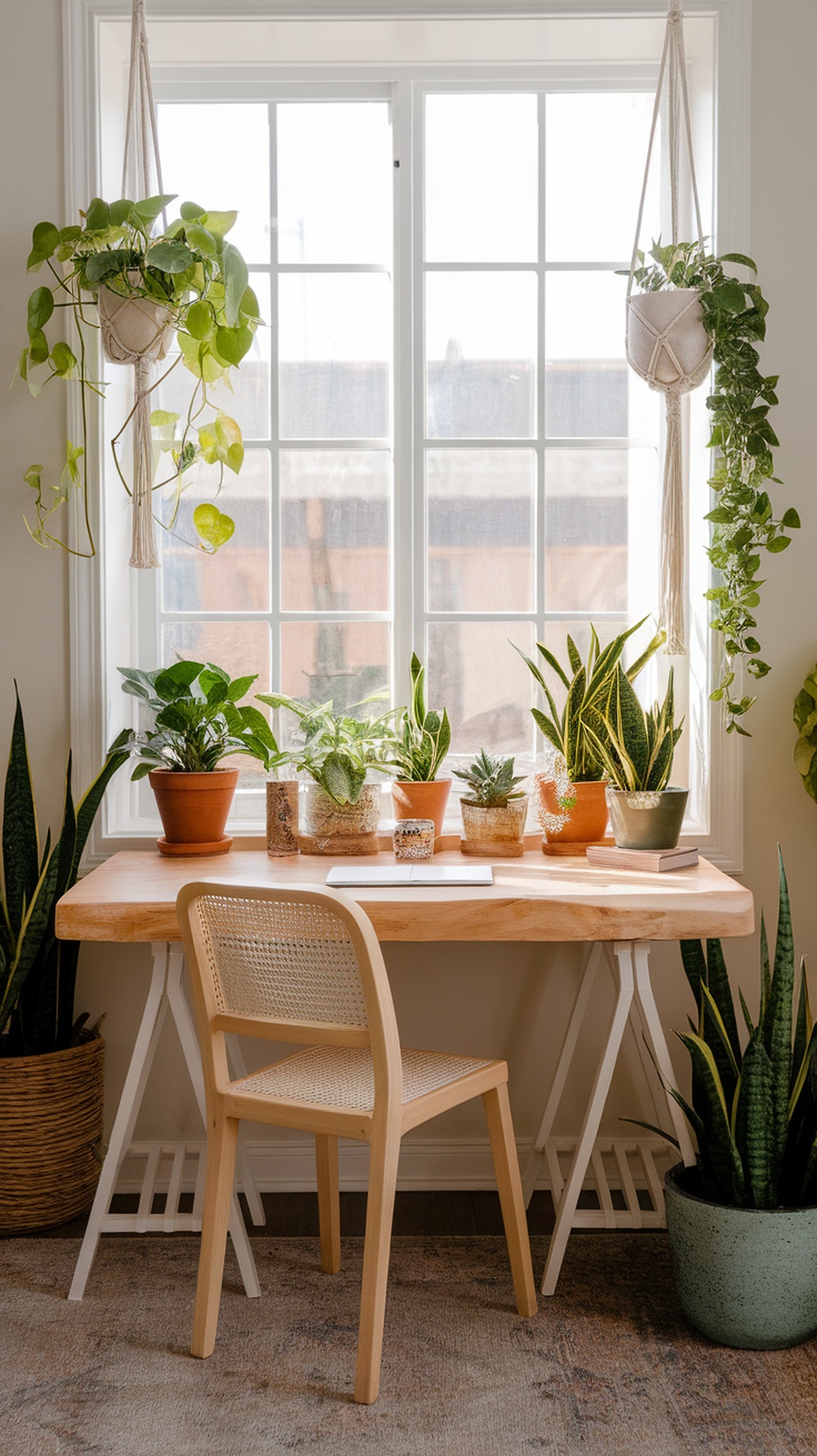 A minimalist desk with various houseplants arranged on it and hanging from the window.