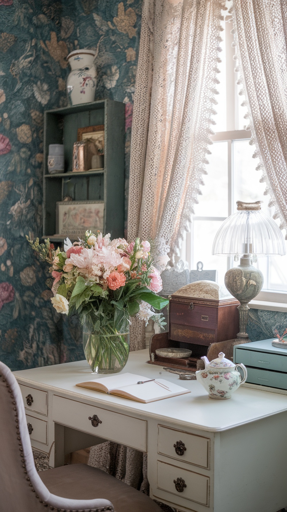 A cozy cottage core office corner with a vintage desk, flowers, and decorative items.