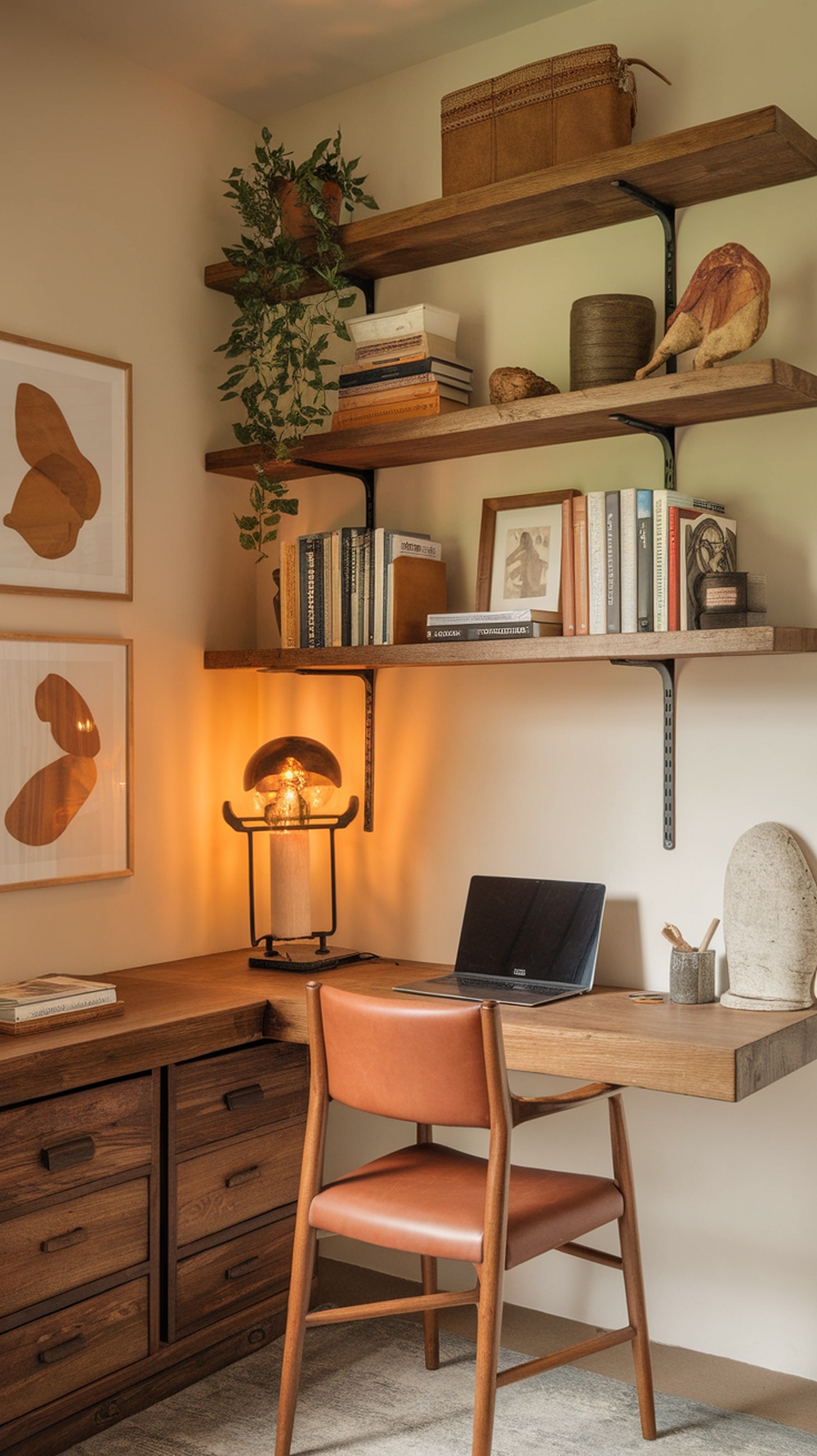 A cozy wooden office space featuring a small desk, bookshelves, a stylish lamp, and decorative plants.